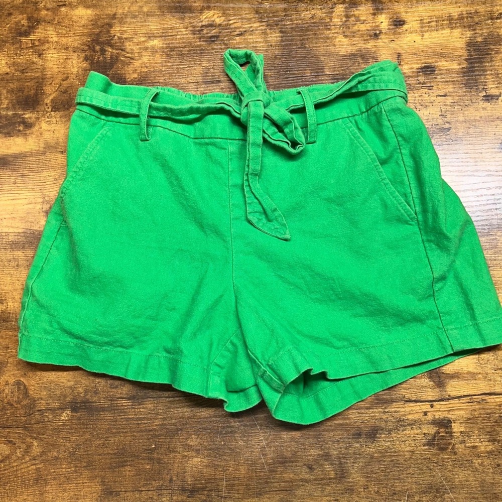 J Crew Shorts Women's Size 4 Green Chino Tie Elastic Waist Linen Blend Casual